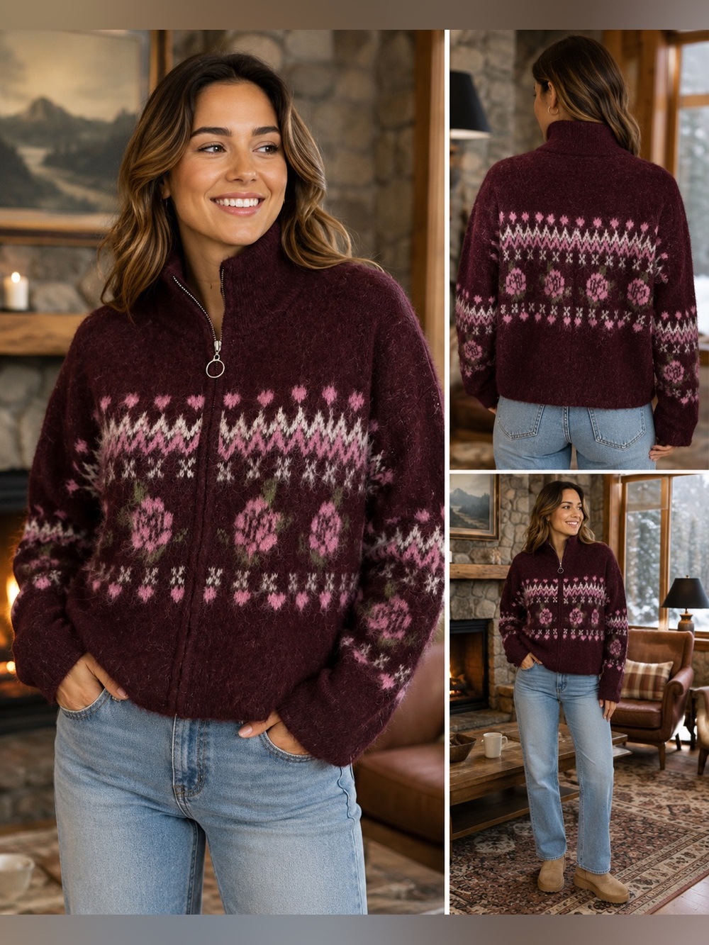 Wild Fable NWT Fuzzy Fair Isle Floral Full Zip Sweater Burgundy Pink L